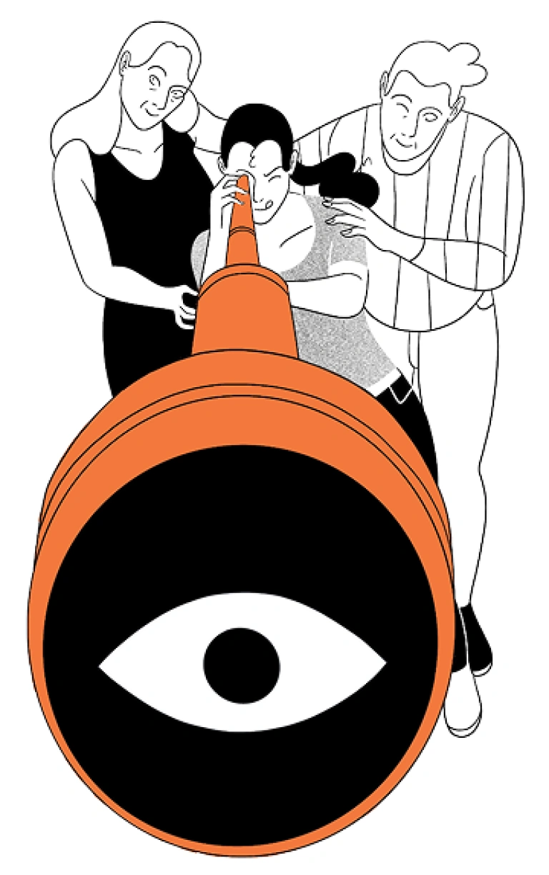 Illustration de 3 personnages regardant dans une longue vue